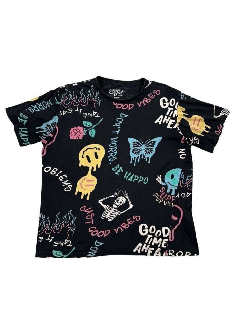 Eighty Eight Brand Black Graffiti Cotton Short Sleeve Tee T-shirt Size L